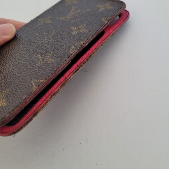 LOUIS VUITTON LV Iphone X phone Card Case Leather Brown Pink Monogram Bifold - Picture 9 of 11
